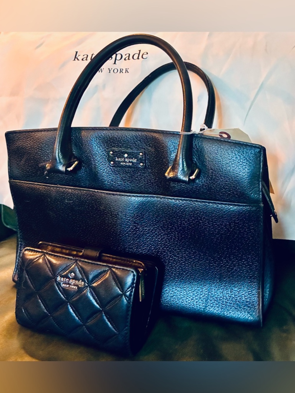 Kate Spade Grove Street Caley Satchel in pebbled black leather w quilted wallet